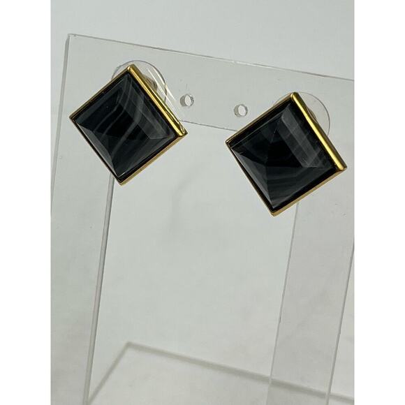 Henri Bendel Gold Plated Black Onyx Pyramid Studs Earrings - Picture 3 of 15